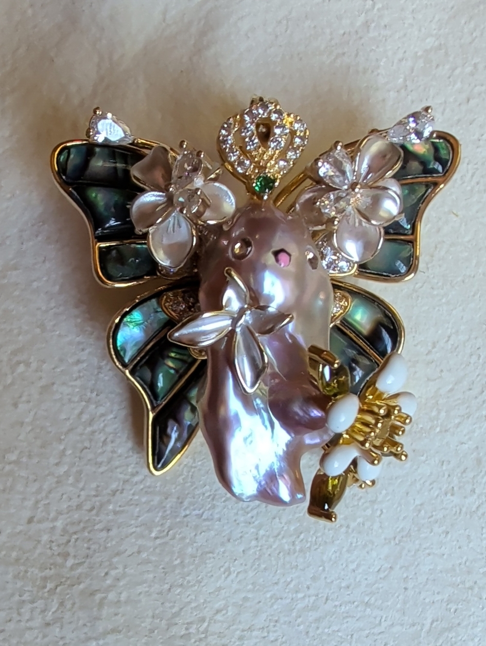 Baroque Pearl Butterfly Brooch in Iridescent Pink and Green